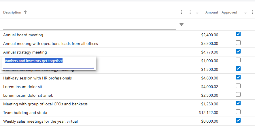 In-table editing of a description field