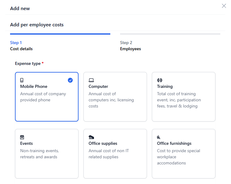 Multi-choice expense type selection cards