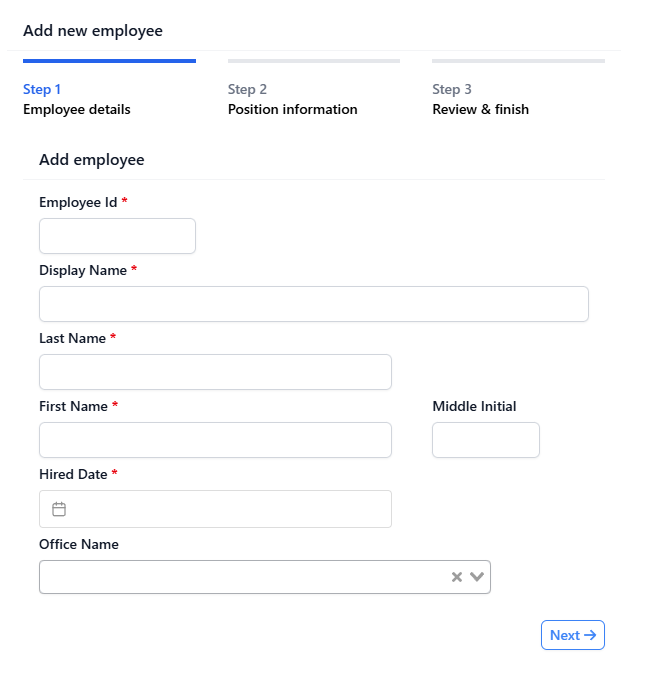 Multi-step wizard for adding a new employee