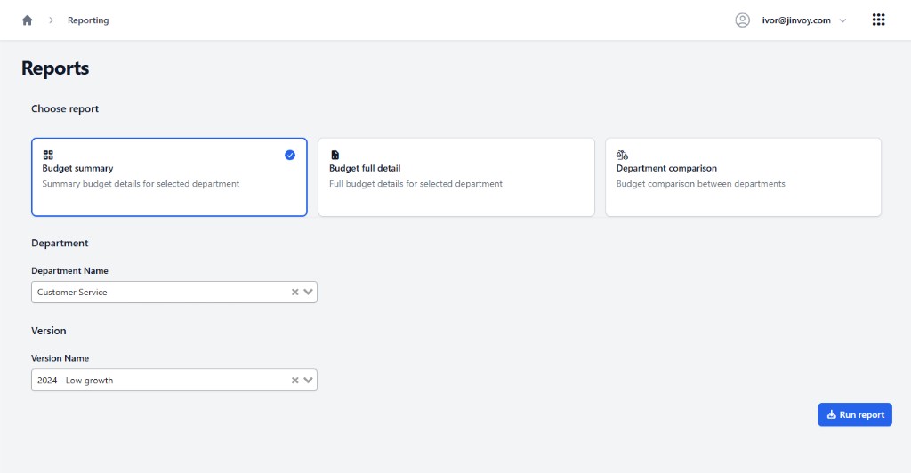 Reports selection screen with report type chooser, filters, and run report action