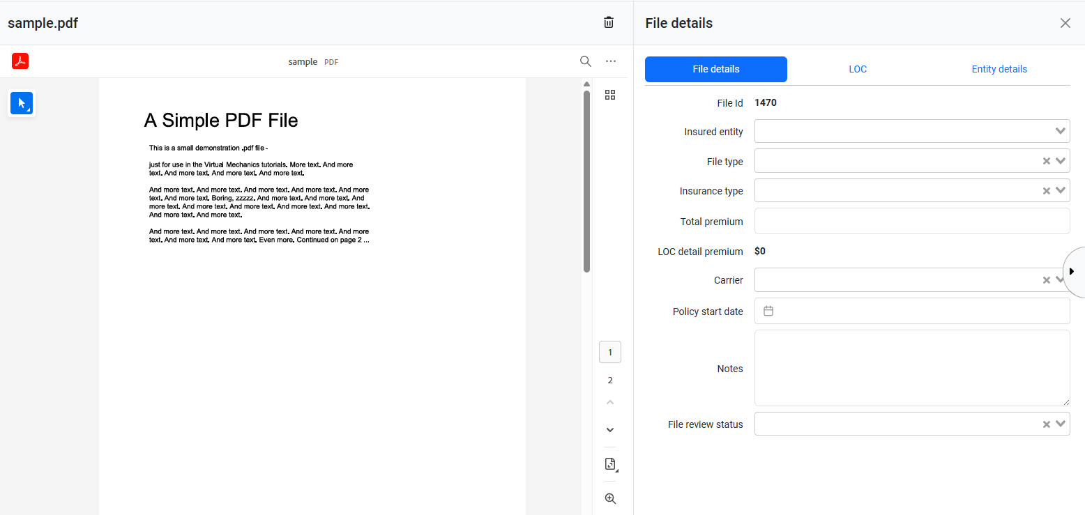 On-screen PDF viewer with file details editing panel